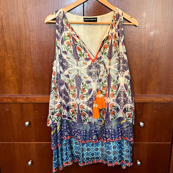 Hemant & Nandita Istanbul Silk Multi Color Print Tiered Mini Dress Size S - Picture 2 of 10